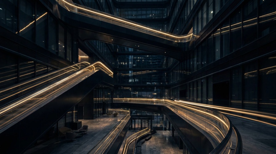 Modern corporate architecture at night representing digital transformation